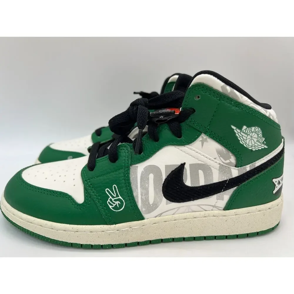 Jordan 1 Mid SE Overbranded GS Pine Green Sneakers HF3200-300 Size 7Y.